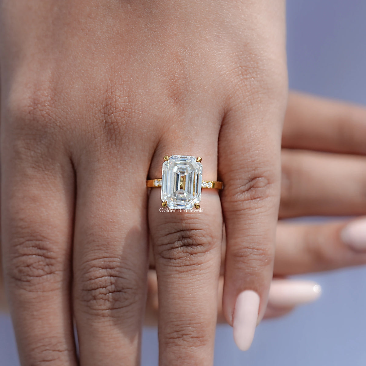 Top View Of Off White Old Mine Emerald Moissanite Engagement Ring
