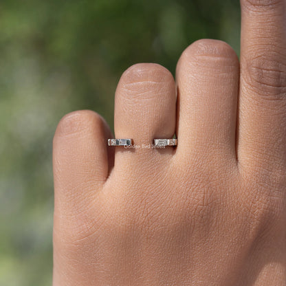 Silver moissanite baguette open-gap proposal band with bar-set stones