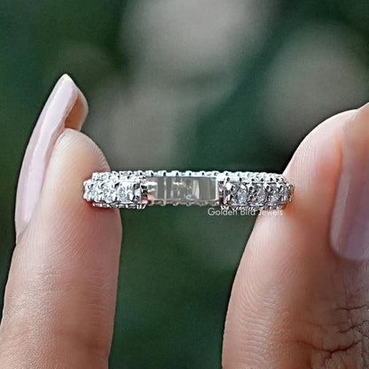 Moissanite eternity band ring with central rectangular stone, silver-tone, close-up