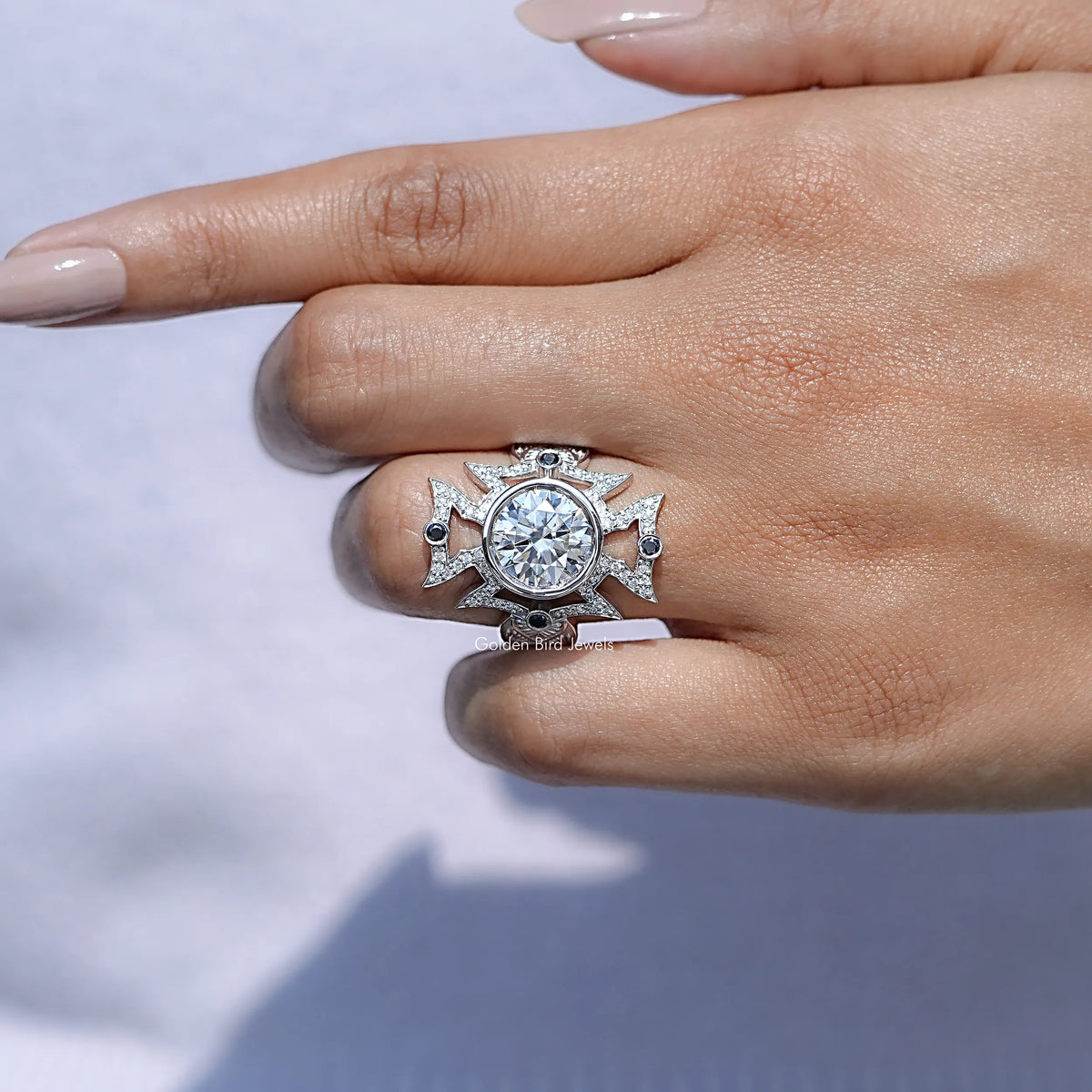In finger front view of Long Art Deco Round Shape Ring  in unique shape