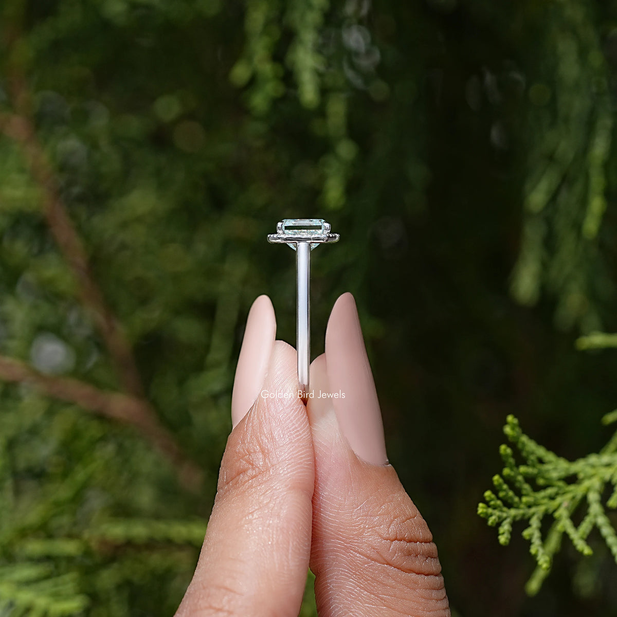 Asscher cut moissanite halo wedding ring, side view with square center stone