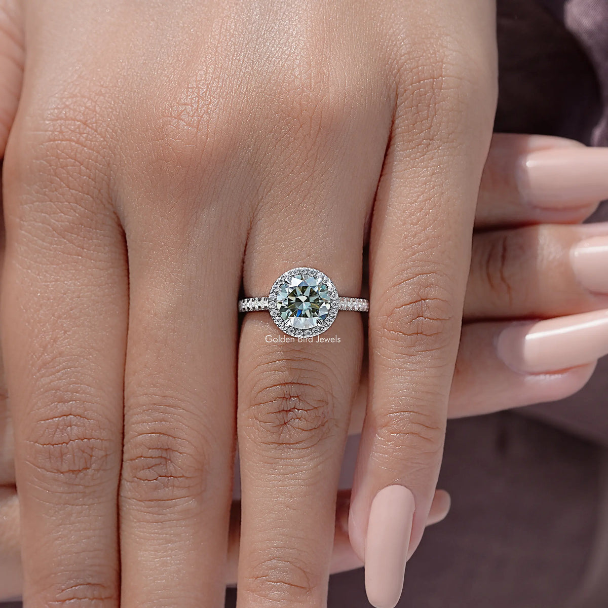Round moissanite accent ring, round halo center stone on 925 sterling silver band