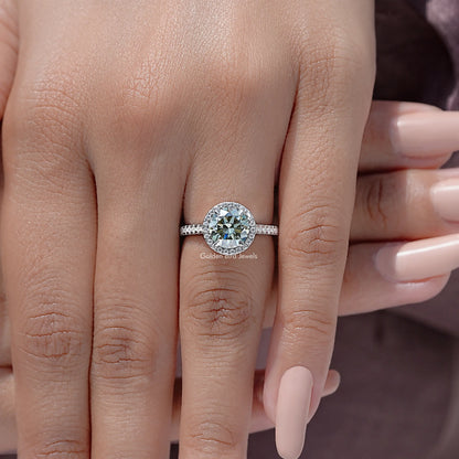 Round moissanite accent ring, round halo center stone on 925 sterling silver band