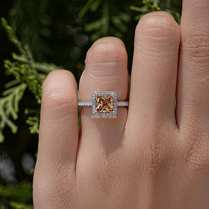 Princess-cut moissanite ring in sterling silver with square halo center