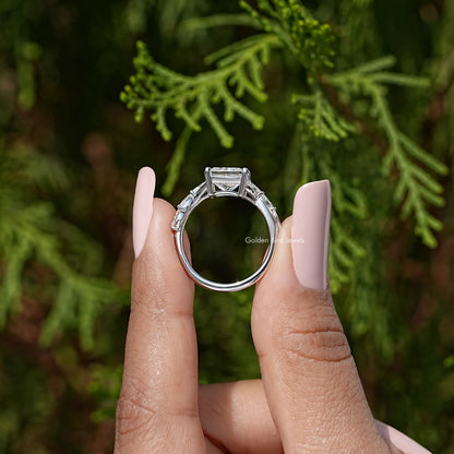 Top view of square-cut moissanite ring in 925 sterling silver prong setting