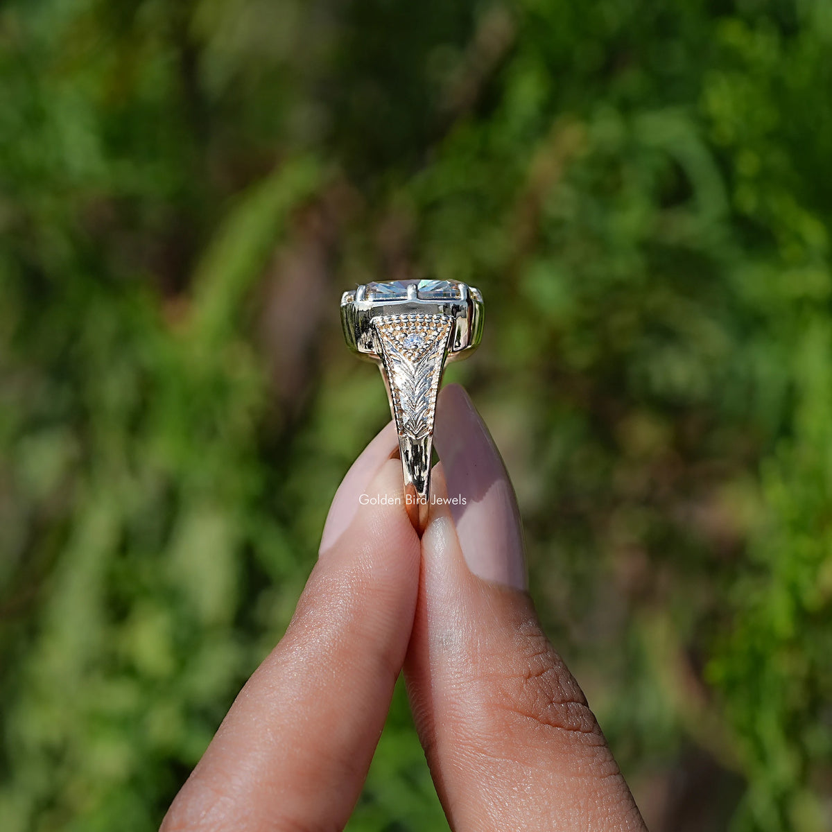 Side View of Filigree Yellow Elongated cushion Moissanite Ring 
