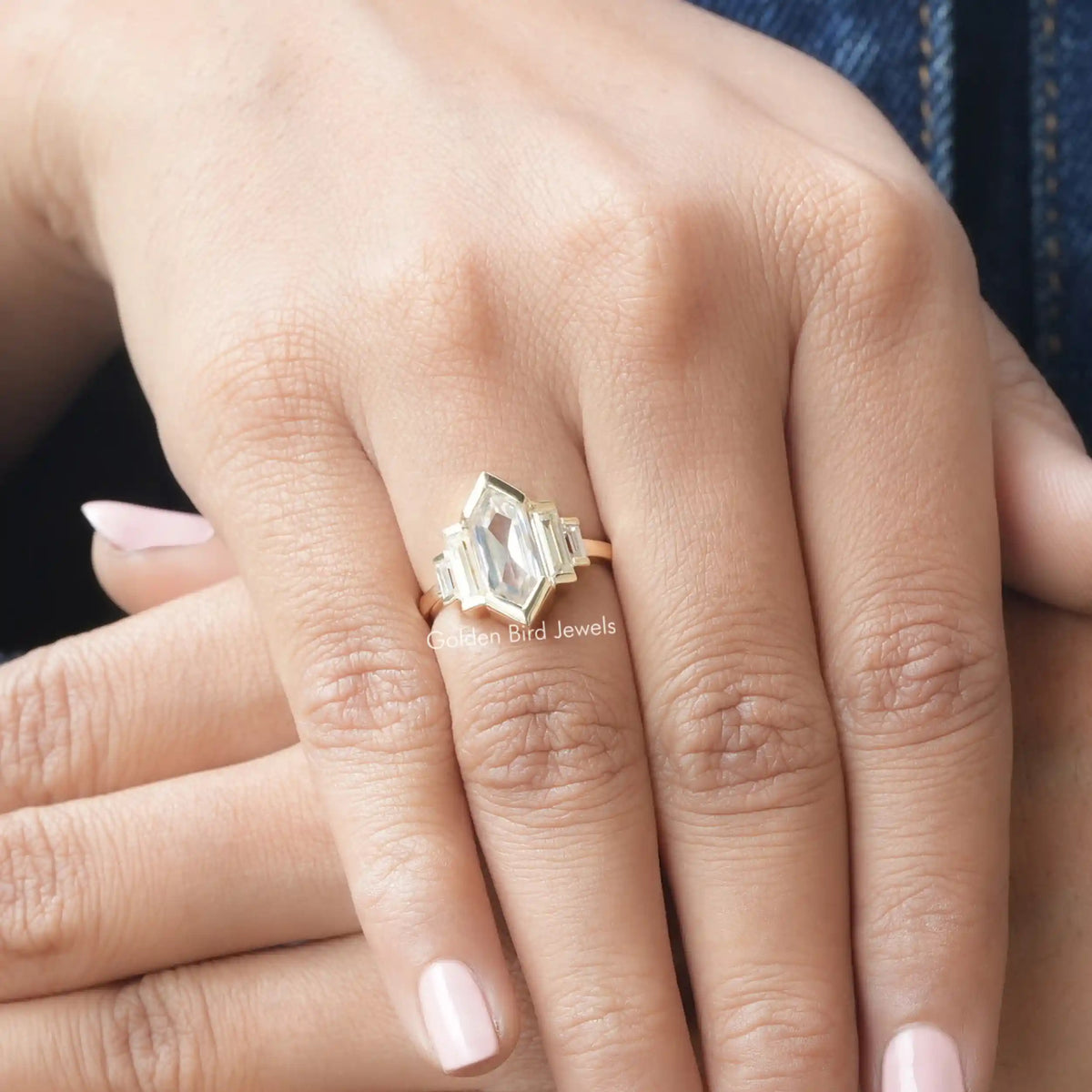 Close-Up View of Hexagon Baguette Cut Five Stone Engagement Ring In White Gold