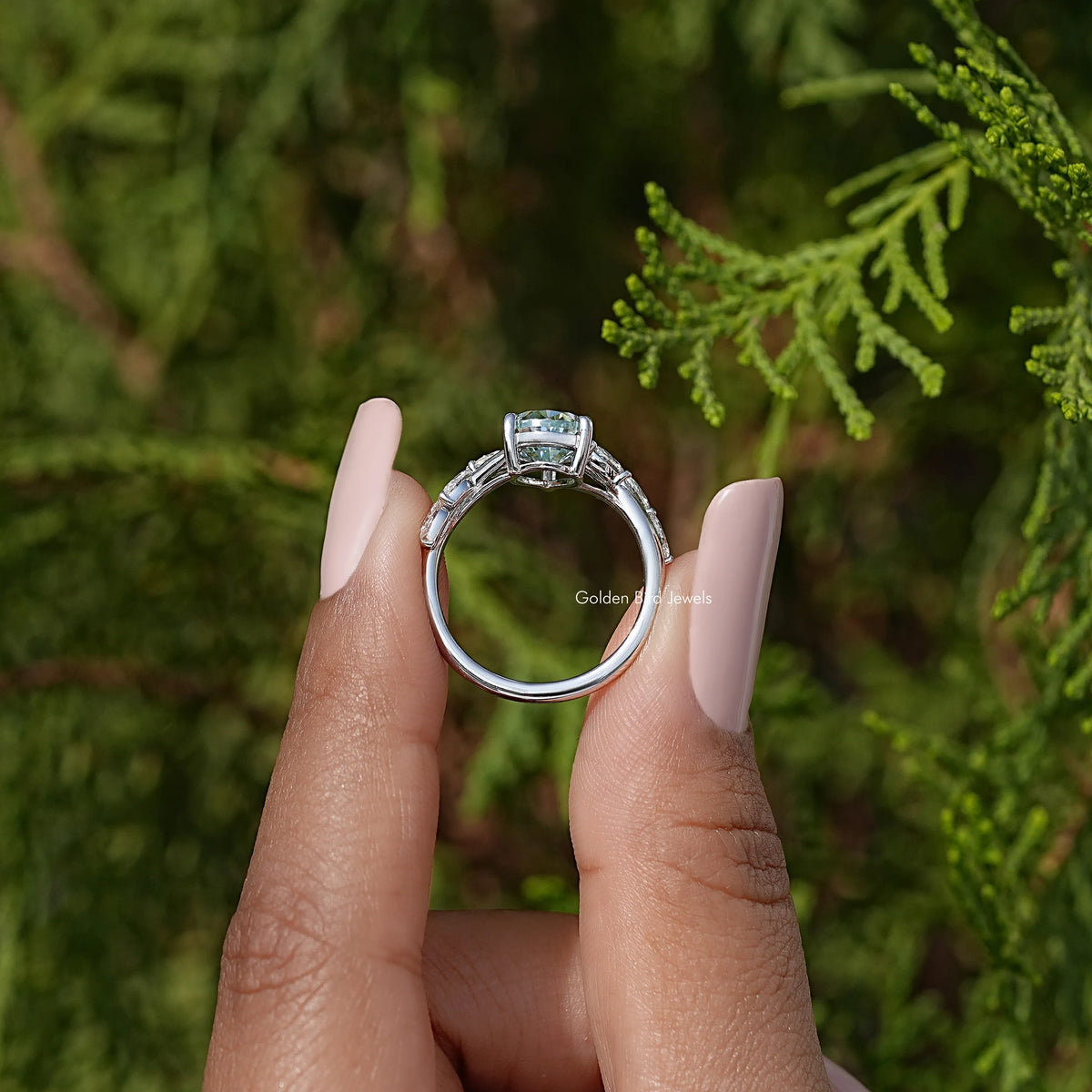 Pear-cut blue moissanite anniversary ring in 925 sterling silver, floral halo