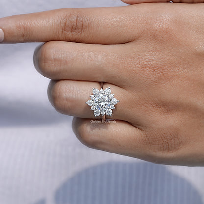 In front finger View Of Round Moissanite Solitaire Ring
