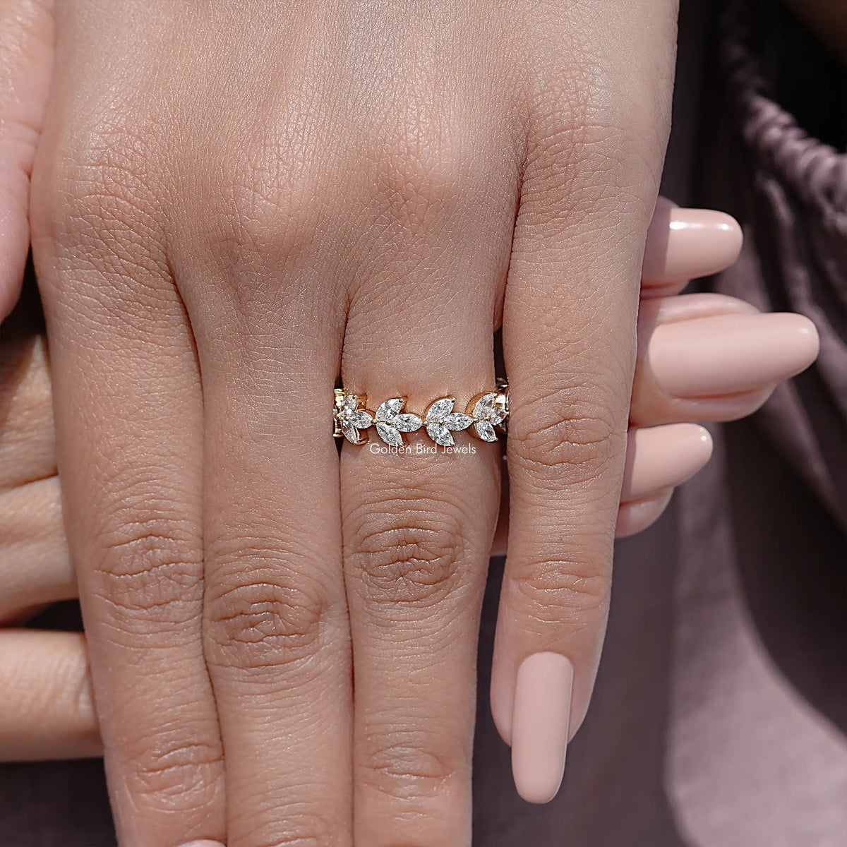 Dainty lab diamond wedding band with marquise stones, gold-tone prong setting