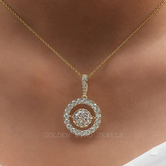 Round halo wedding pendant with large center stone, set in silver-tone frame on gold chain.