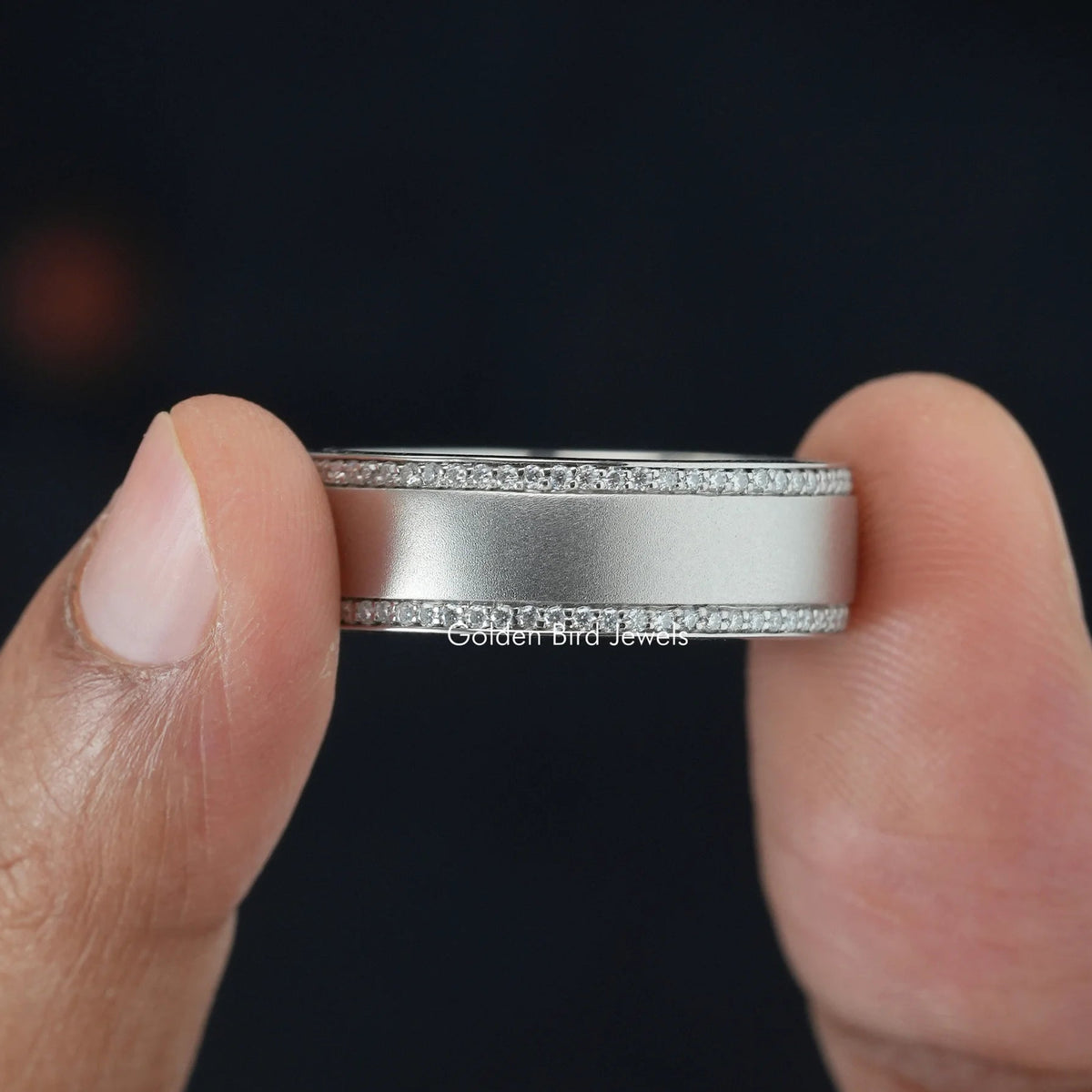14K solid gold wedding band with round moissanite in a full pave band