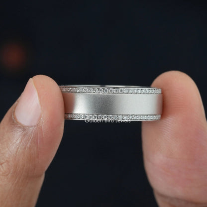 14K solid gold wedding band with round moissanite in a full pave band