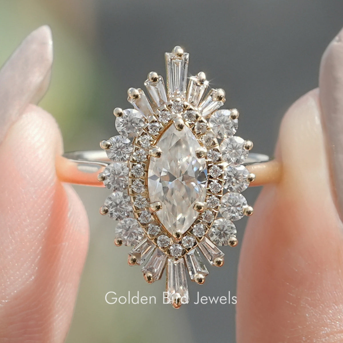 Marquise-cut halo moissanite ballerina ring with prong-set stone cluster