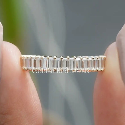 Half eternity moissanite band with baguette-cut stones, bright silver tone
