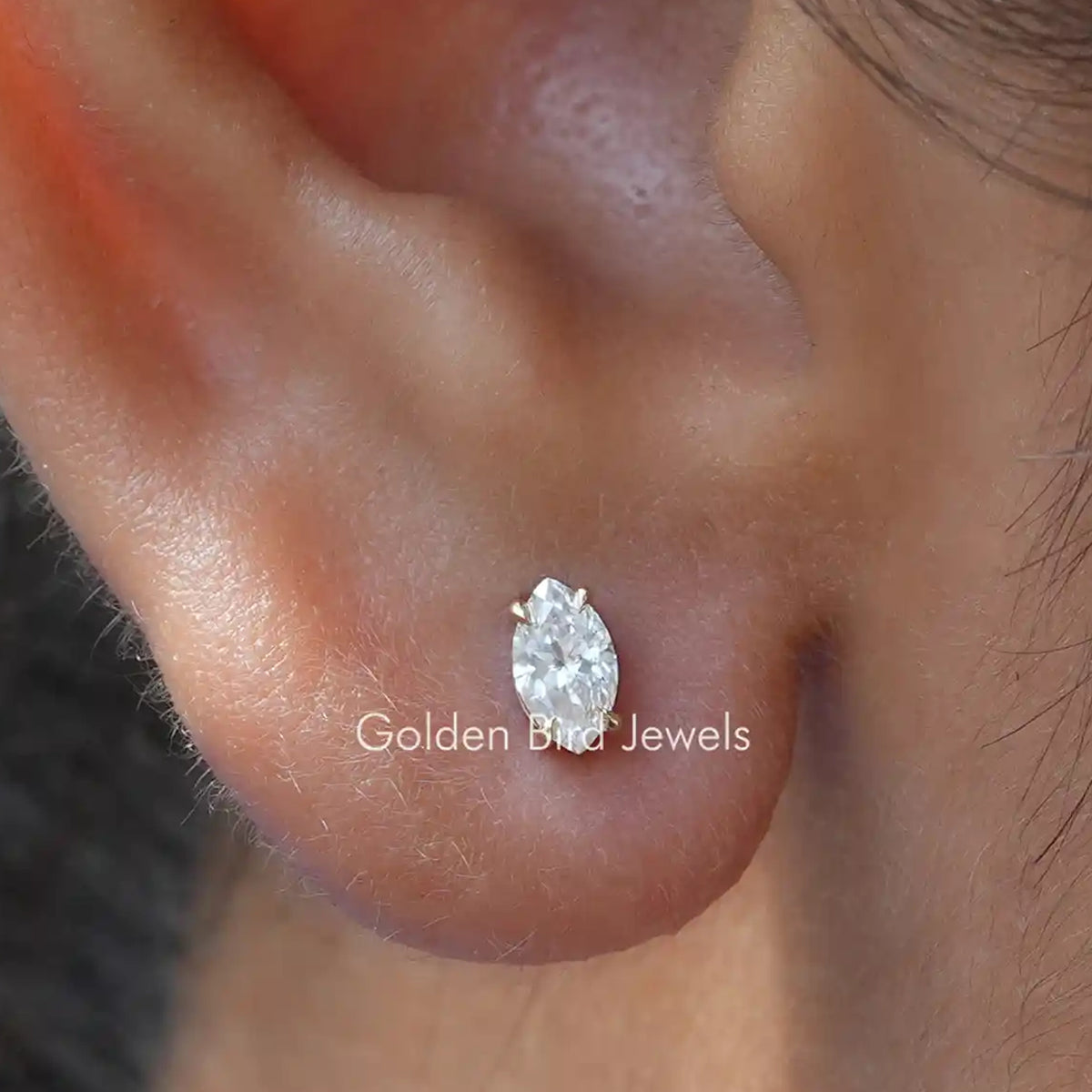 Marquise-cut lab diamond stud earrings with silver-toned setting