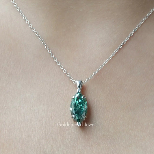 Marquise-cut green moissanite solitaire pendant on silver chain