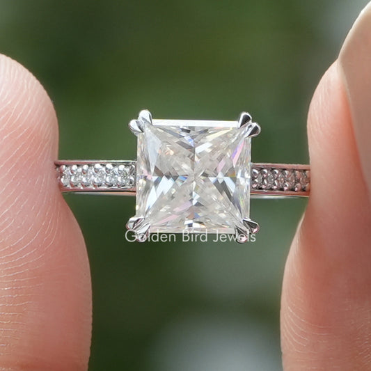 Solitaire princess cut moissanite ring with pavé accent stones