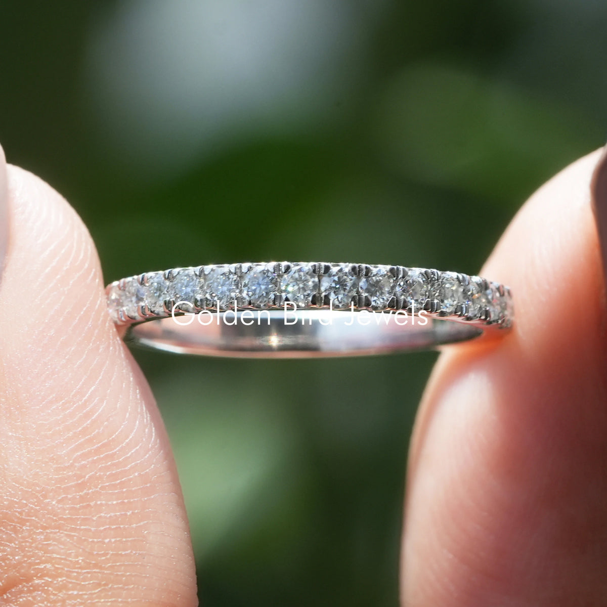 Round-cut moissanite half eternity wedding band, slim silver ring with pavé stones