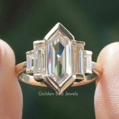 Elongated hexagon five-stone moissanite ring with rectangular center stone