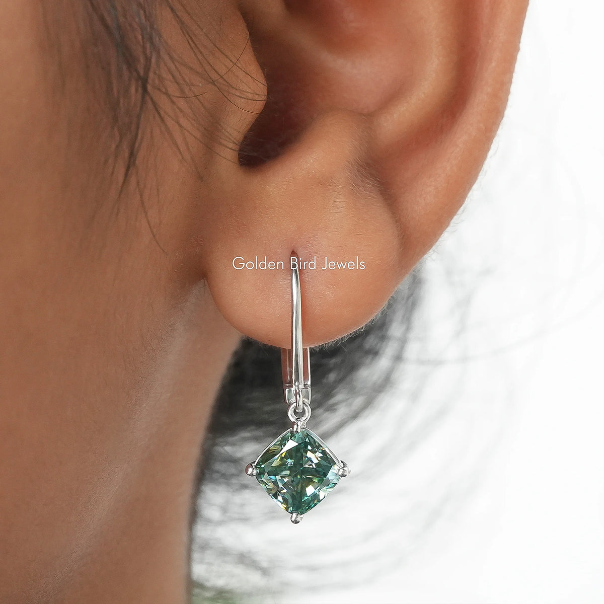 Silver dangle earrings with square cushion moissanite drop, green sparkle stone