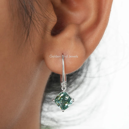 Silver dangle earrings with square cushion moissanite drop, green sparkle stone