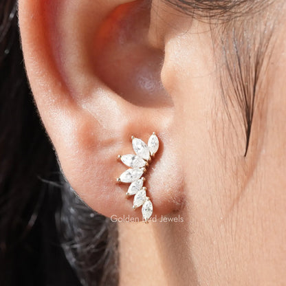 Colorless marquise moissanite stud earrings, leaf-like marquise stones in silver
