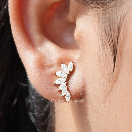 Colorless marquise moissanite stud earrings, leaf-like marquise stones in silver