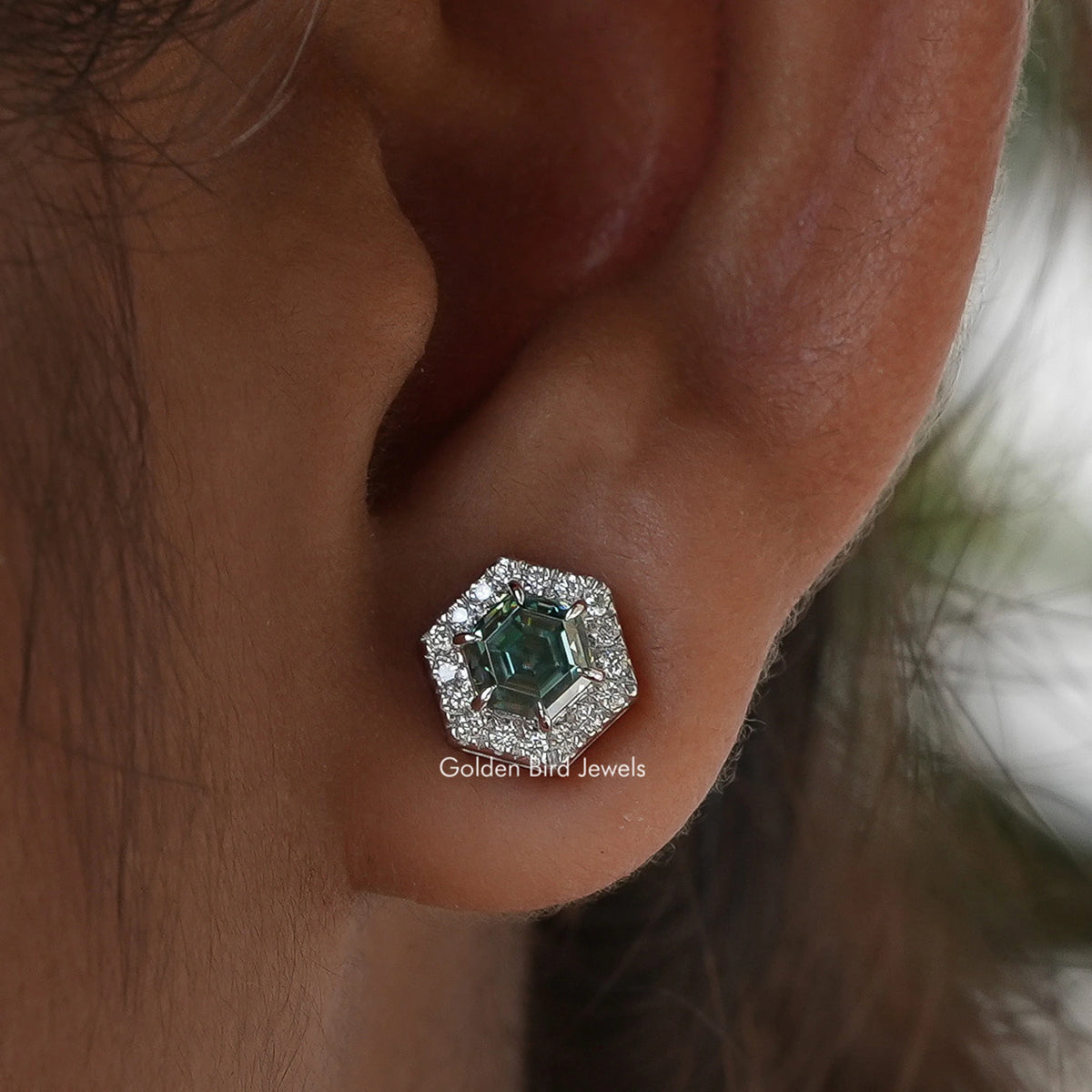 Hexagon-cut moissanite halo stud earring in silver, hexagon setting with sparkle