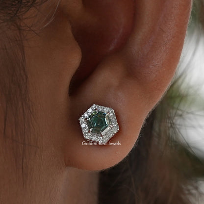 Hexagon-cut moissanite halo stud earring in silver, hexagon setting with sparkle