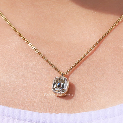 Gold-tone chain pendant with cushion-cut bezel-set moissanite center stone