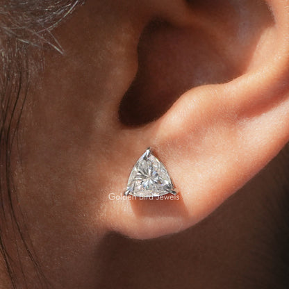 Trillion-cut moissanite stud earrings with martini-style silver setting