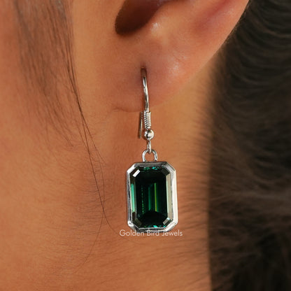 Dark green emerald-cut moissanite drop earrings with hinged hoop and dangle