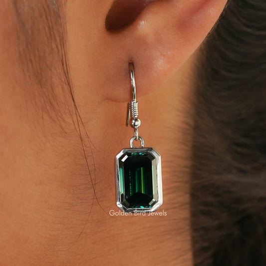 Dark green emerald-cut moissanite drop earrings with hinged hoop and dangle