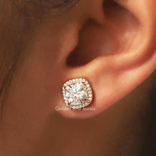 Cushion-cut moissanite halo stud earring with round prong setting