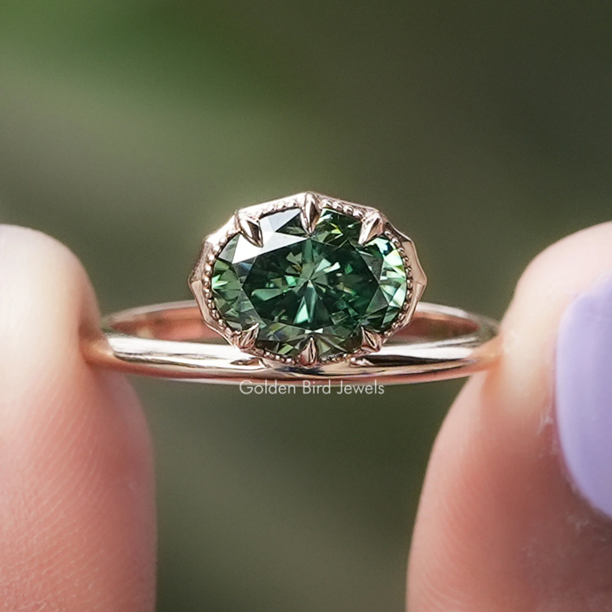 Oval dark green moissanite solitaire ring with halo prong setting, silver-tone band