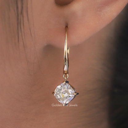 Gold cushion-cut moissanite solitaire drop earrings, prong-set pendant