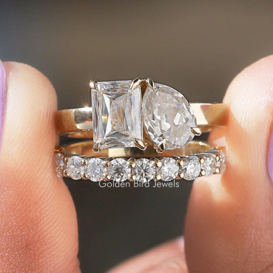 Silver ring with faceted pear and criss-cut stones, plus pave matching band