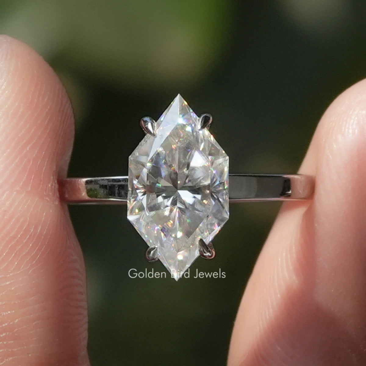 Marquise moissanite hidden halo ring with clear center stone and prong setting