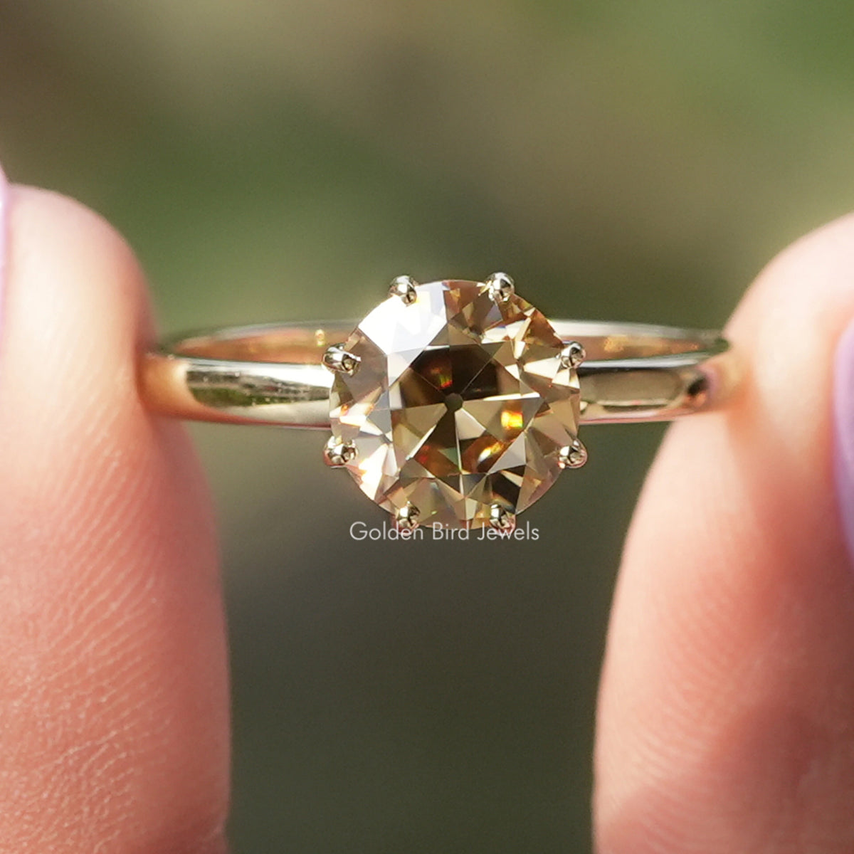 Front view of Champagne OEC Round Solitaire Moissanite Ring