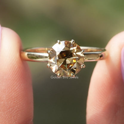 Front view of Champagne OEC Round Solitaire Moissanite Ring