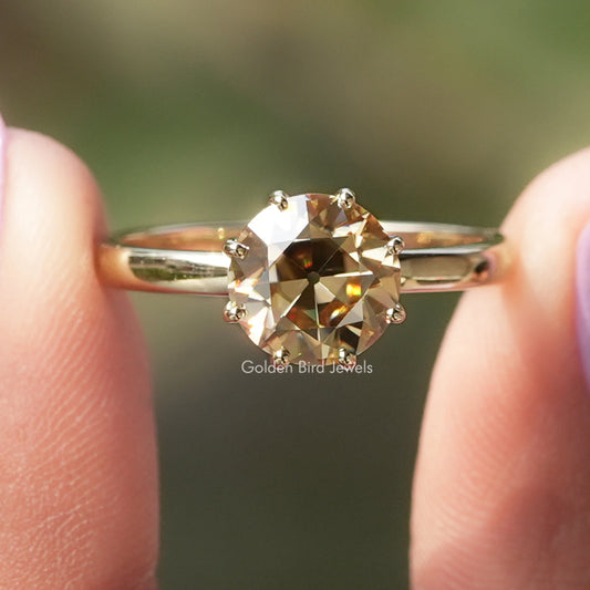 Front view of Champagne OEC Round Solitaire Moissanite Ring