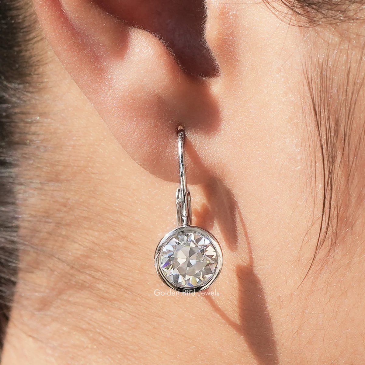 Round moissanite lever-back drop earrings, round faceted stone on lever hook