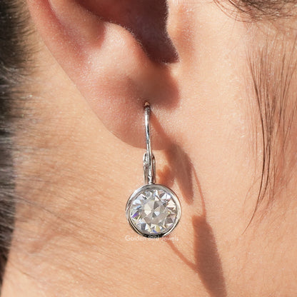Round moissanite lever-back drop earrings, round faceted stone on lever hook