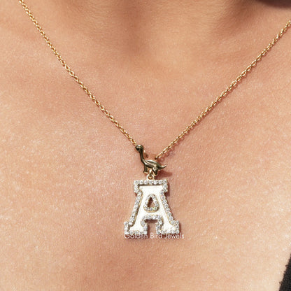 Initial A moissanite pendant with square frame, on gold-tone chain