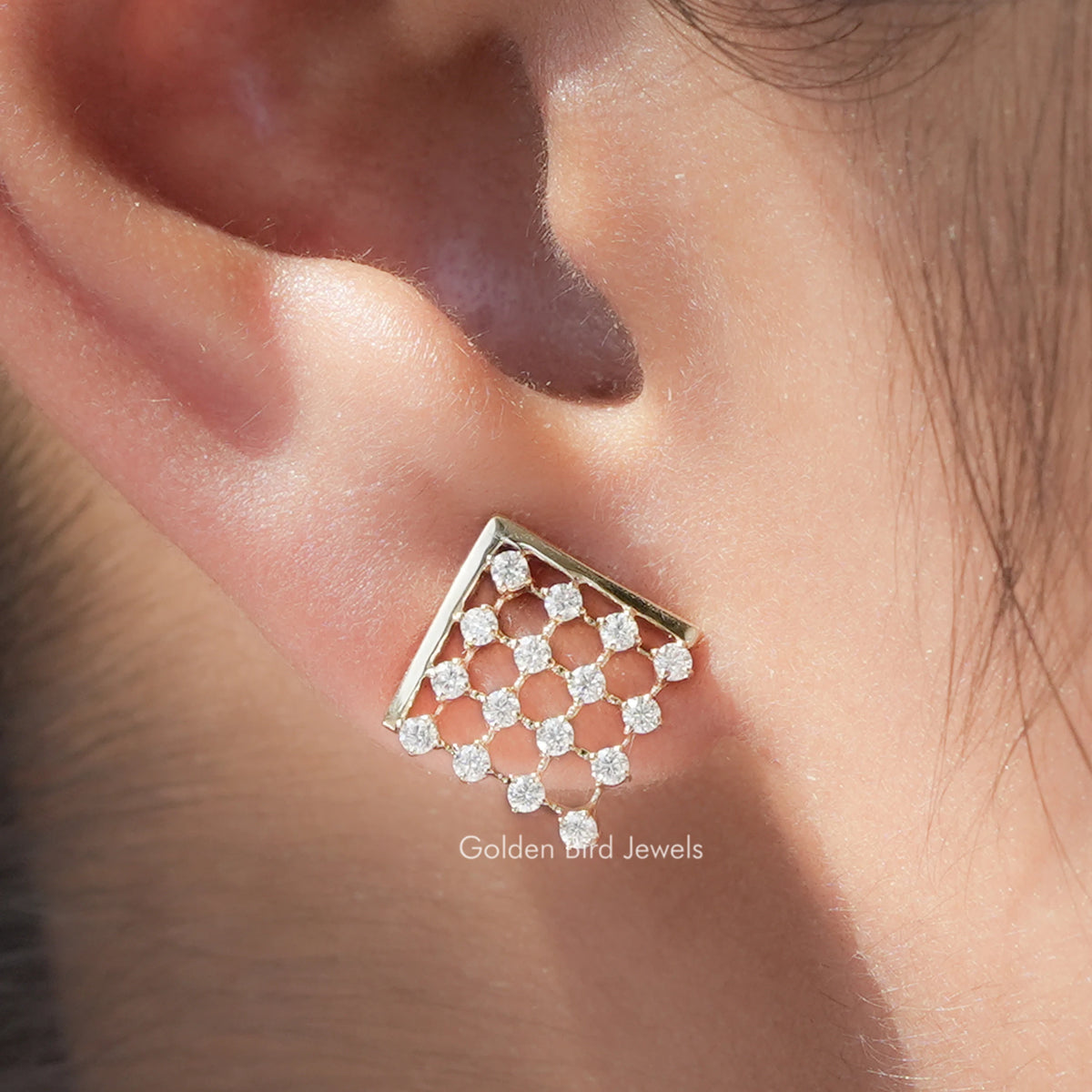 Silver round-cut moissanite cluster earrings with open geometric frame