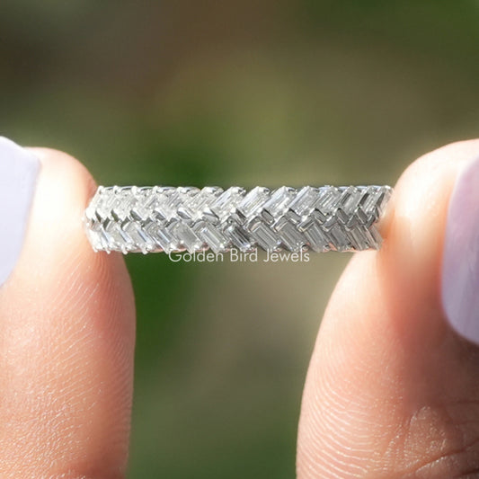 Silver baguette-cut moissanite wedding band with rectangular stones, close-up