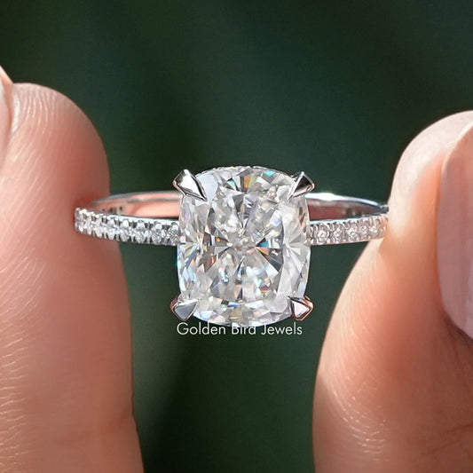 Moissanite hidden halo ring with cushion-cut center stone and pave band, prong-set