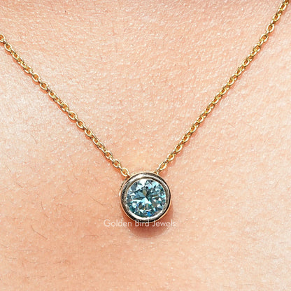 Round aqua blue moissanite solitaire pendant on gold chain