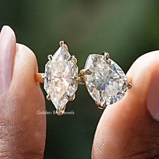 Toi et moi moissanite ring with pear and marquise faceted stones, prong-set